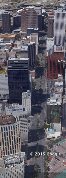 Aerial view of current day Poydras Street. Image via Google Maps.