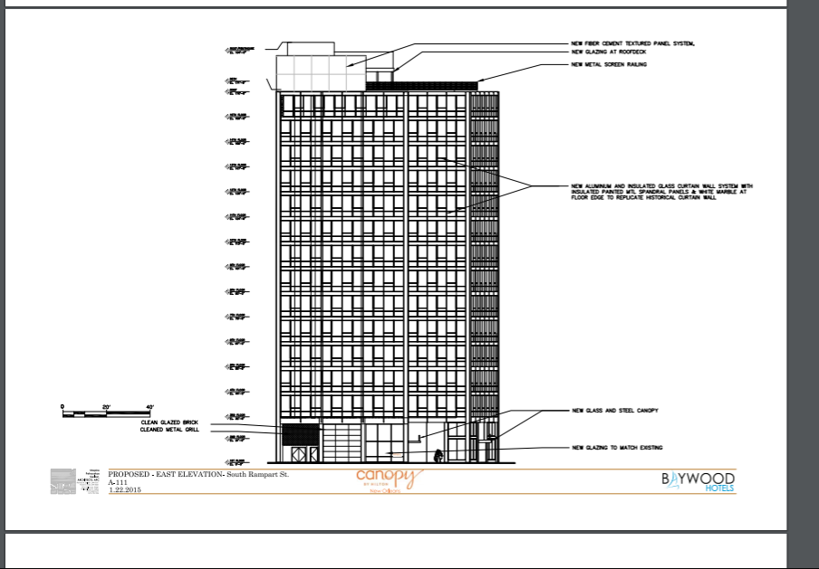 Plans for the new Canopy Hotel via City of New Orleans.