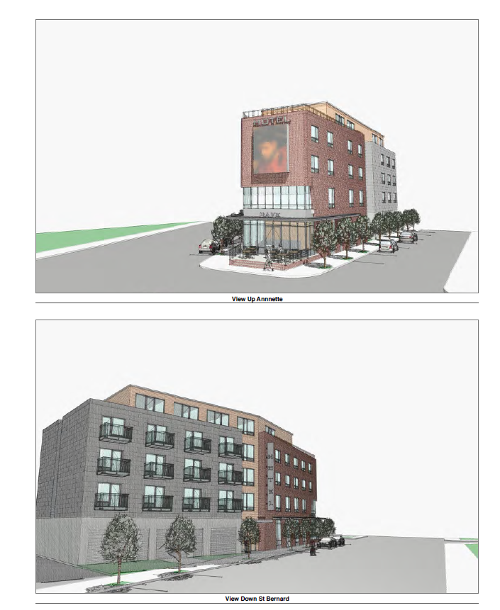 Renderings of the proposed hotel at 1201 St. Bernard Street by CCWIV Architecture, LLC via City of New Orleans.