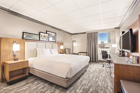 Guest room rendering of the renovated rooms via Doubletree New Orleans.